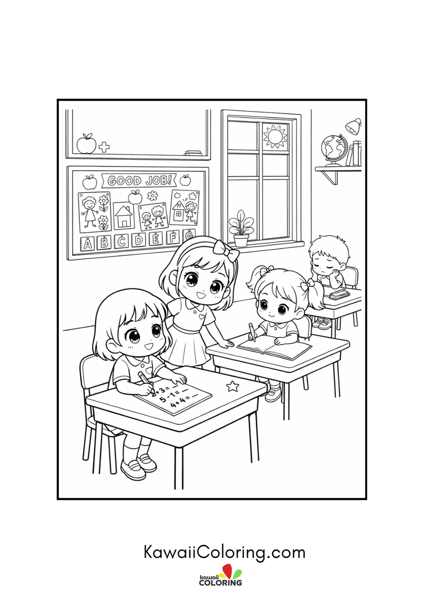 Kawaii teacher helping a student under the good job board coloring page