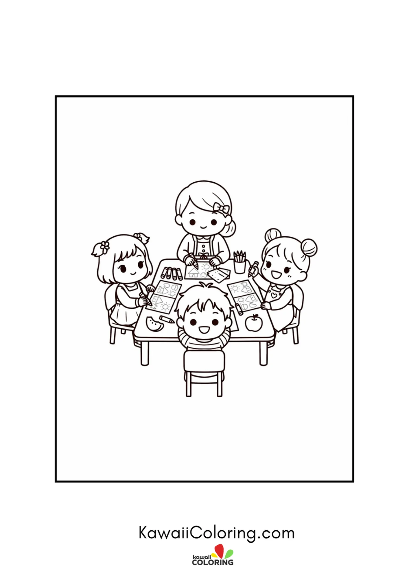 Kawaii teacher and children making crafts together at the table coloring page
