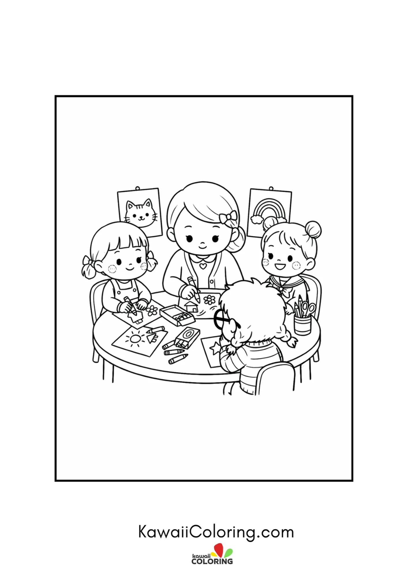 Kawaii teacher leading an arts and crafts table with students coloring page