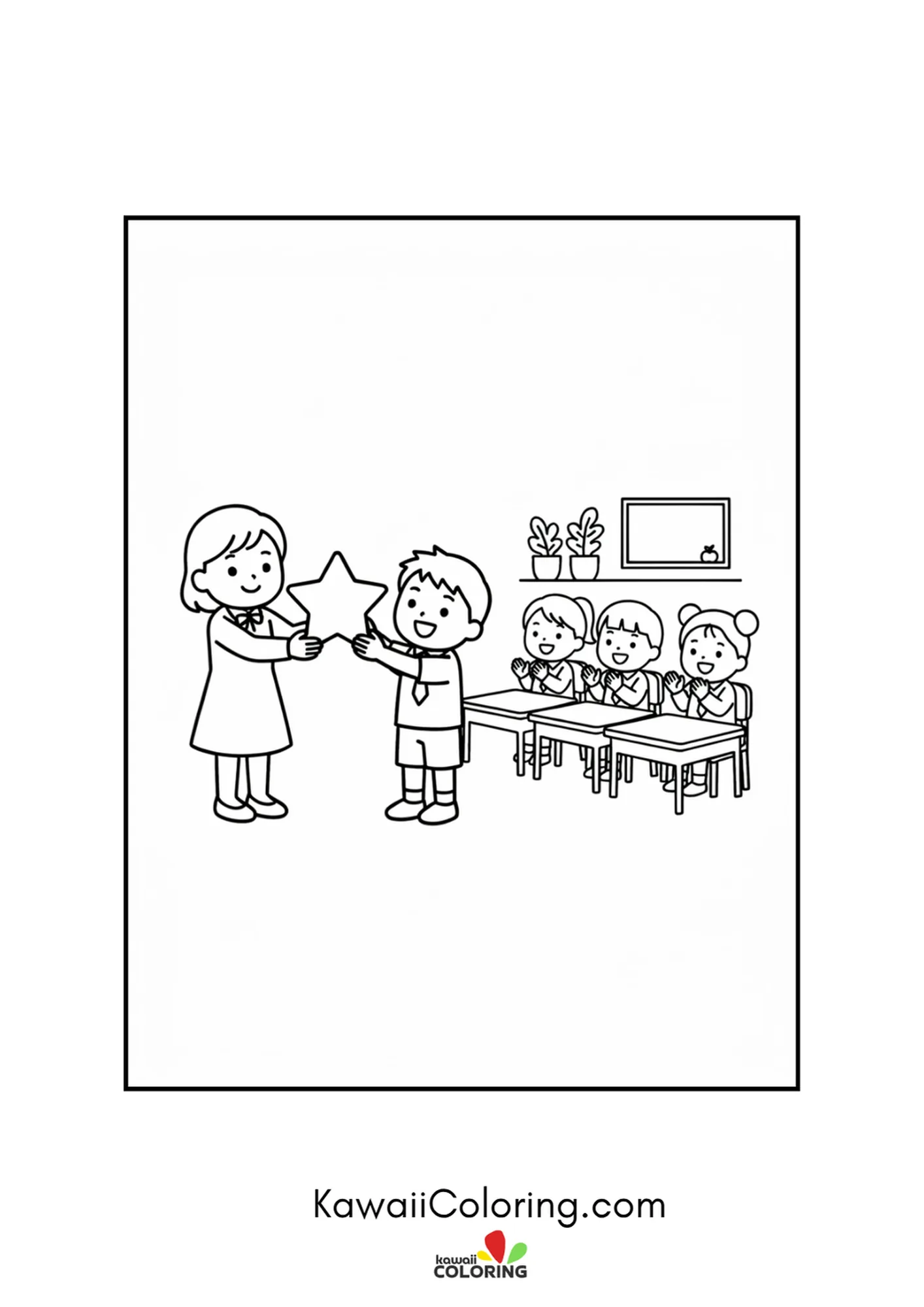 Kawaii teacher giving a gold star to a happy student coloring page