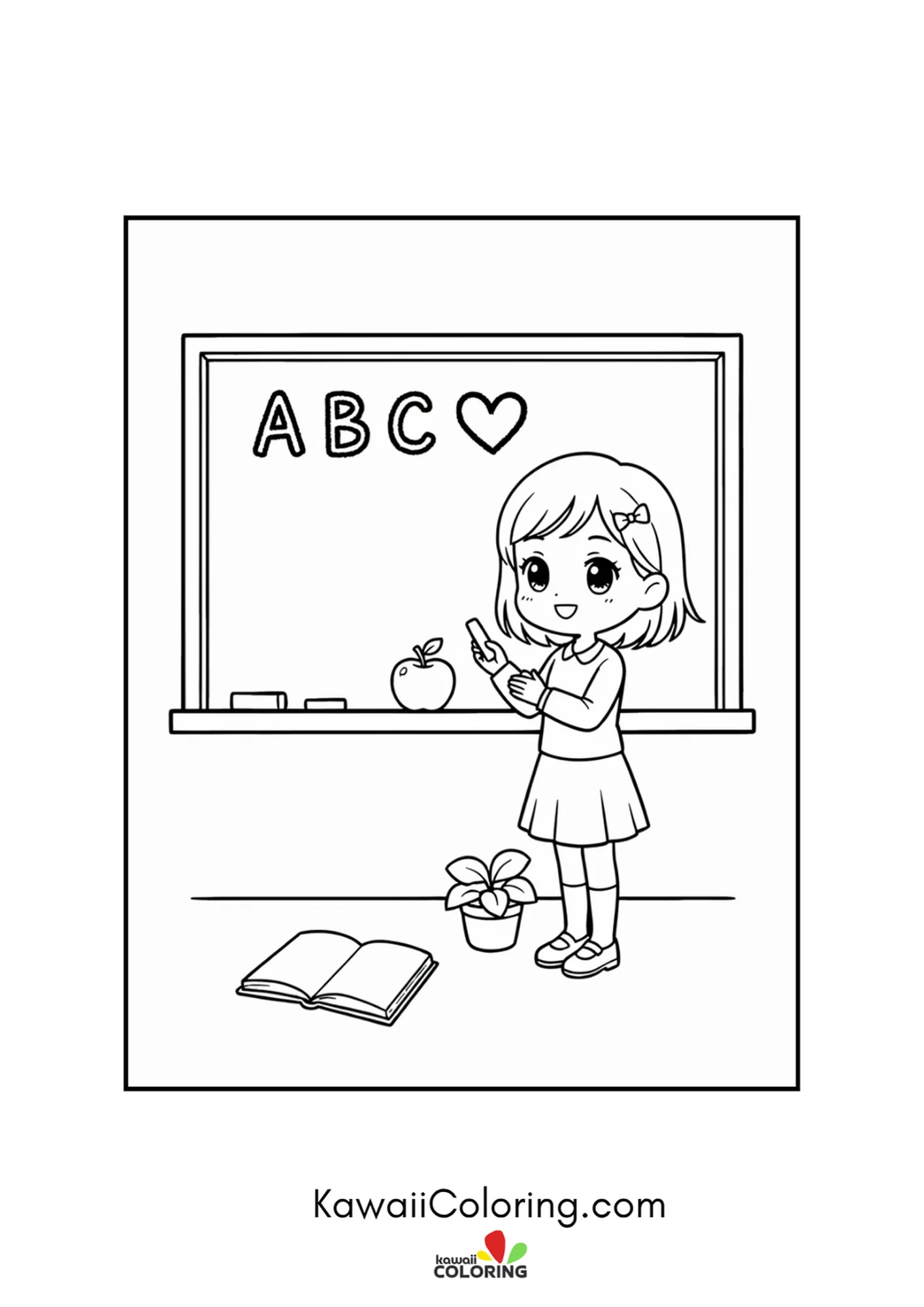 Kawaii teacher at the ABC chalkboard holding a pointer stick coloring page
