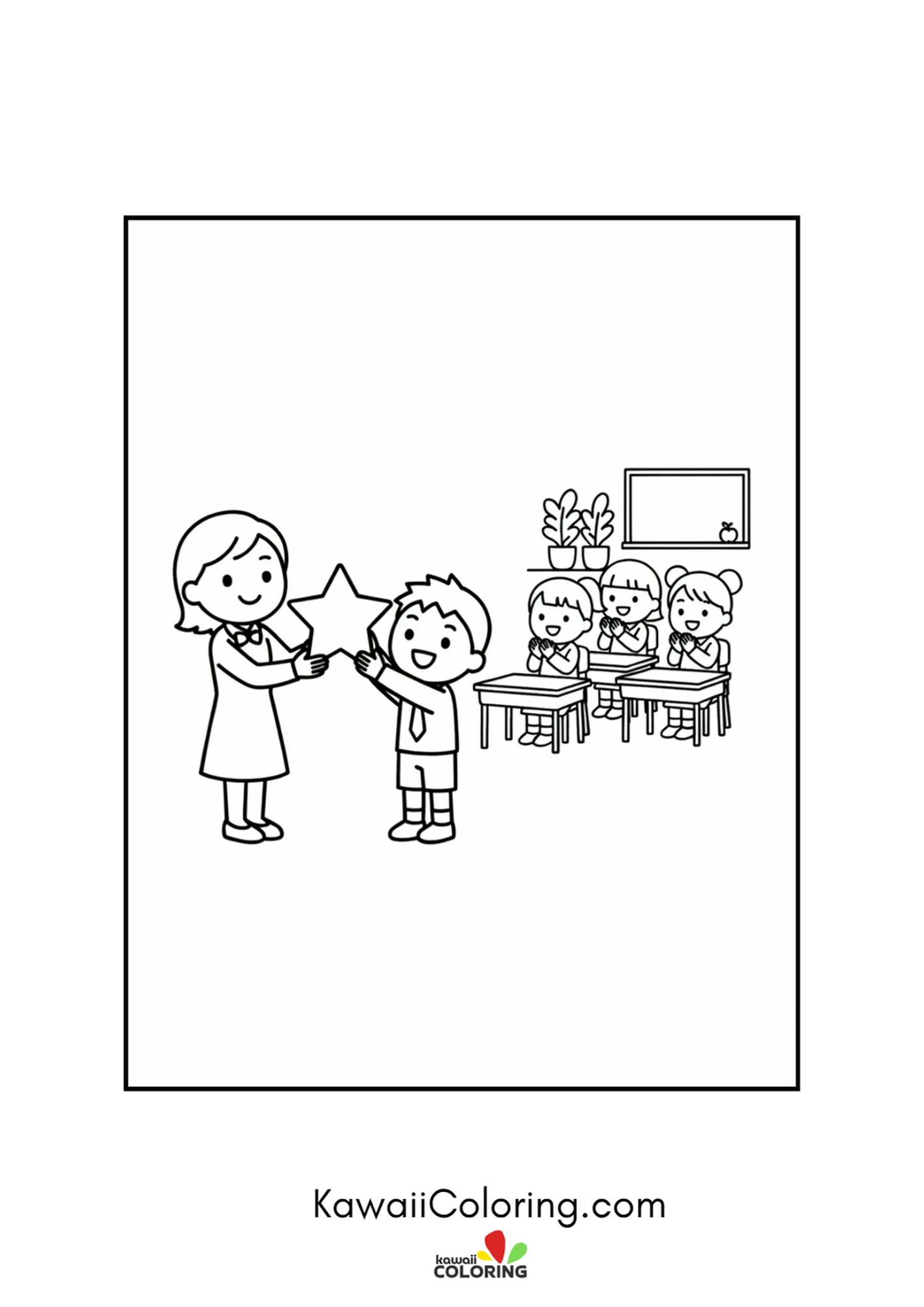 Kawaii teacher handing a star award to a proud boy coloring page