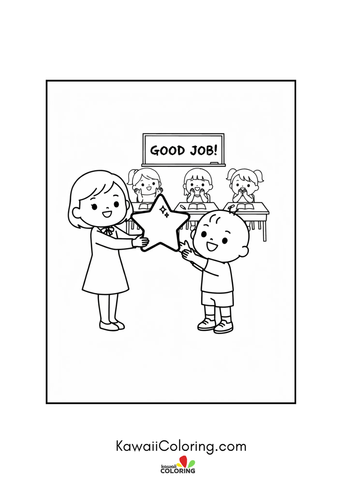 Kawaii teacher giving a big star under the good job sign coloring page