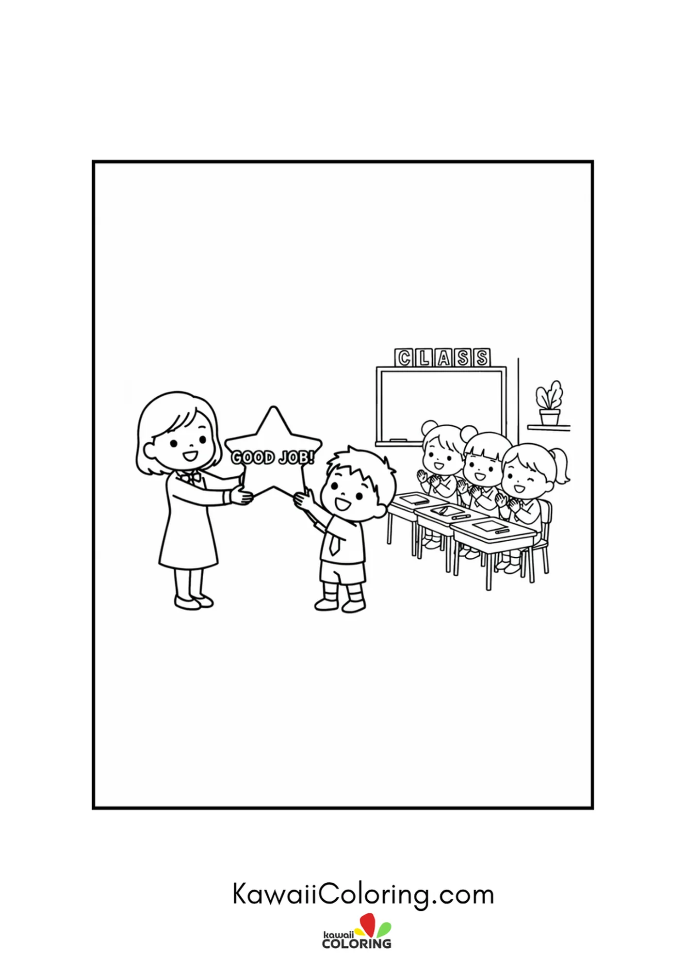 Kawaii teacher rewarding a student with a star in front of the class coloring page