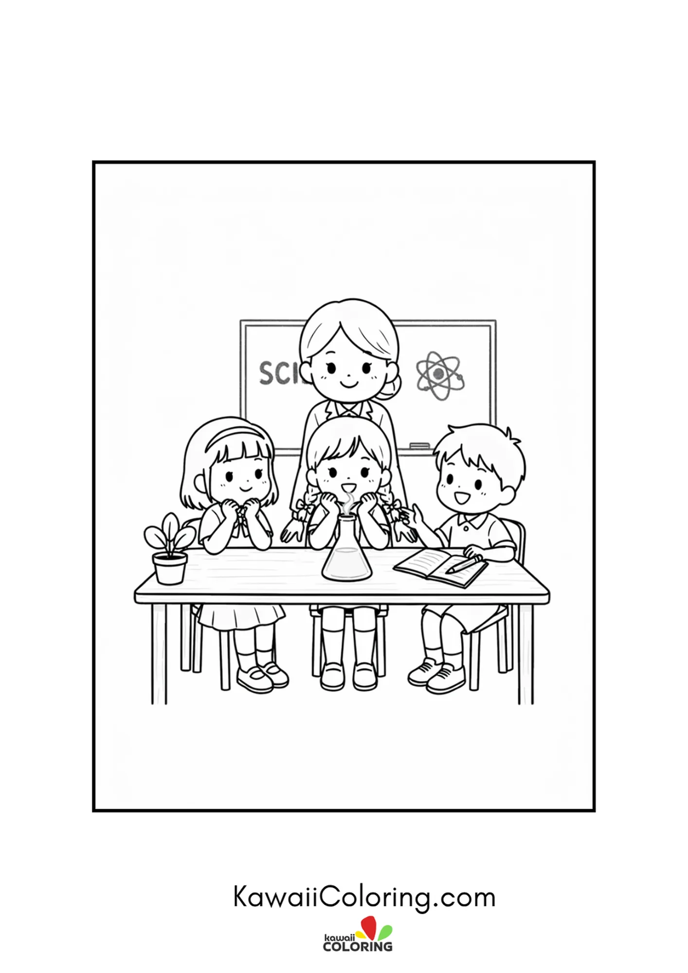 Kawaii science teacher with students around a flask experiment coloring page