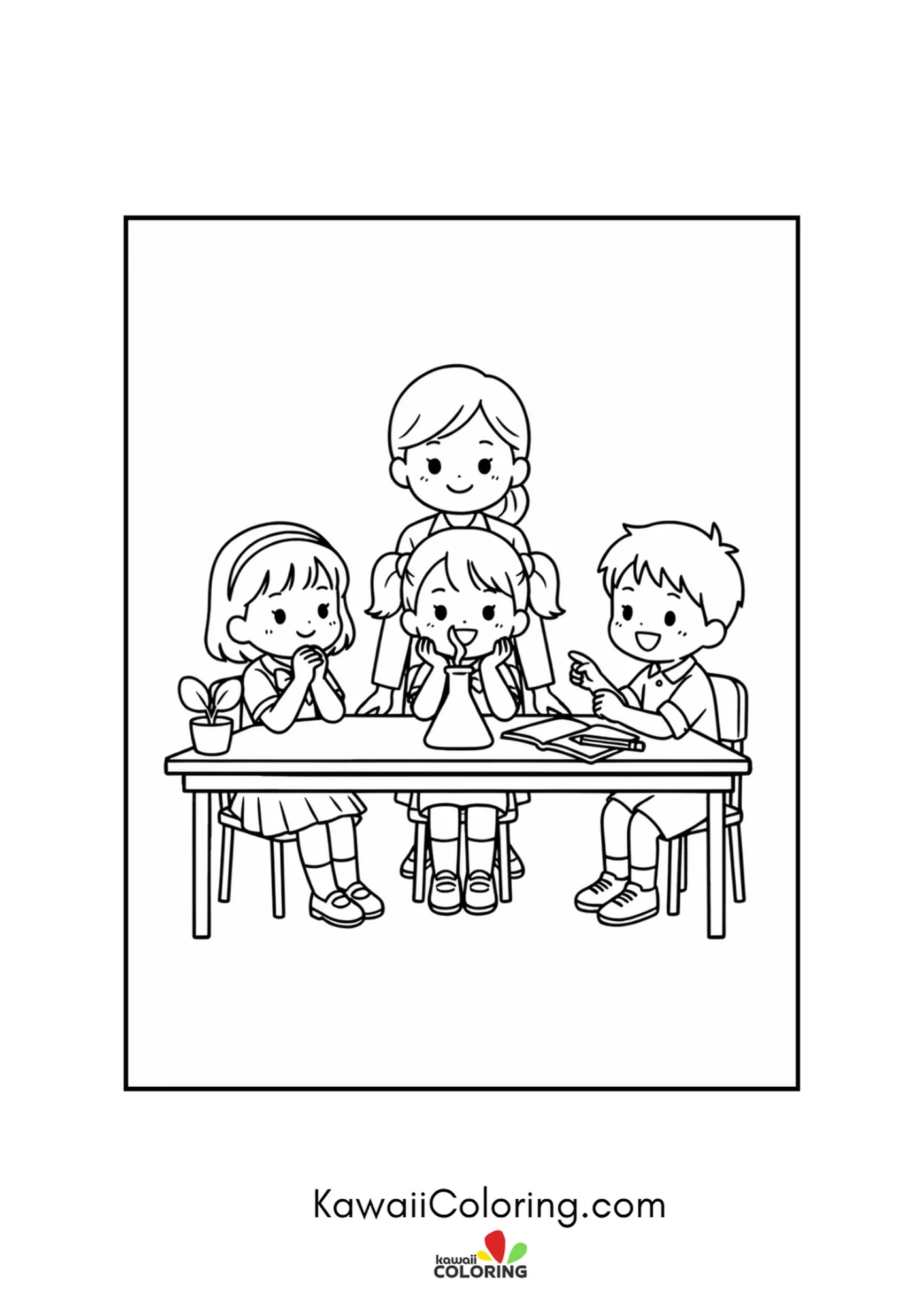 Kawaii teacher and students smiling around a science flask coloring page