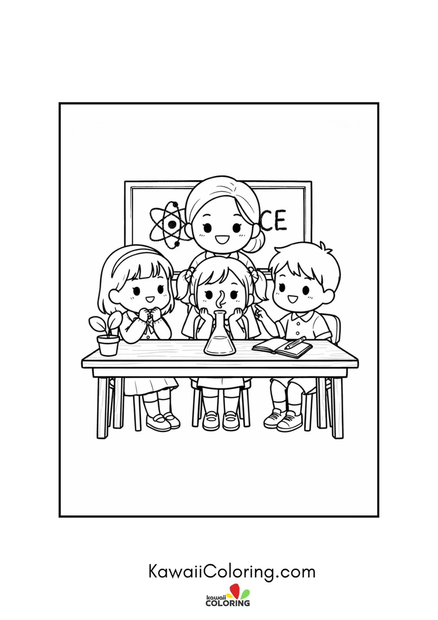 Kawaii science class with a teacher and three curious students coloring page