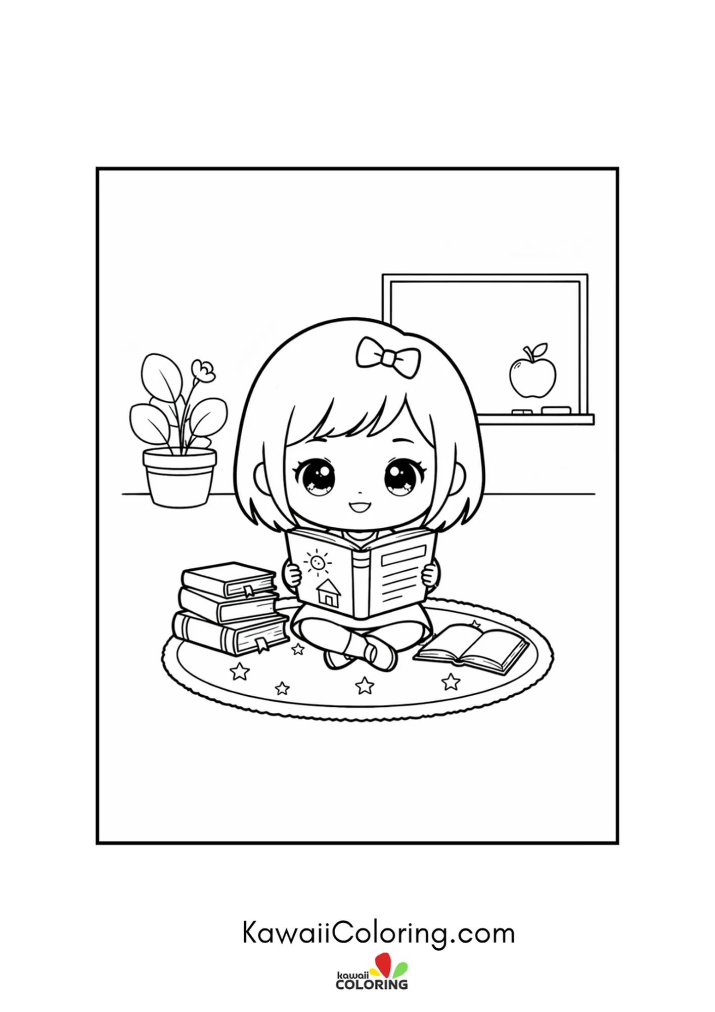 Kawaii girl reading a picture book cross-legged on a round rug coloring page