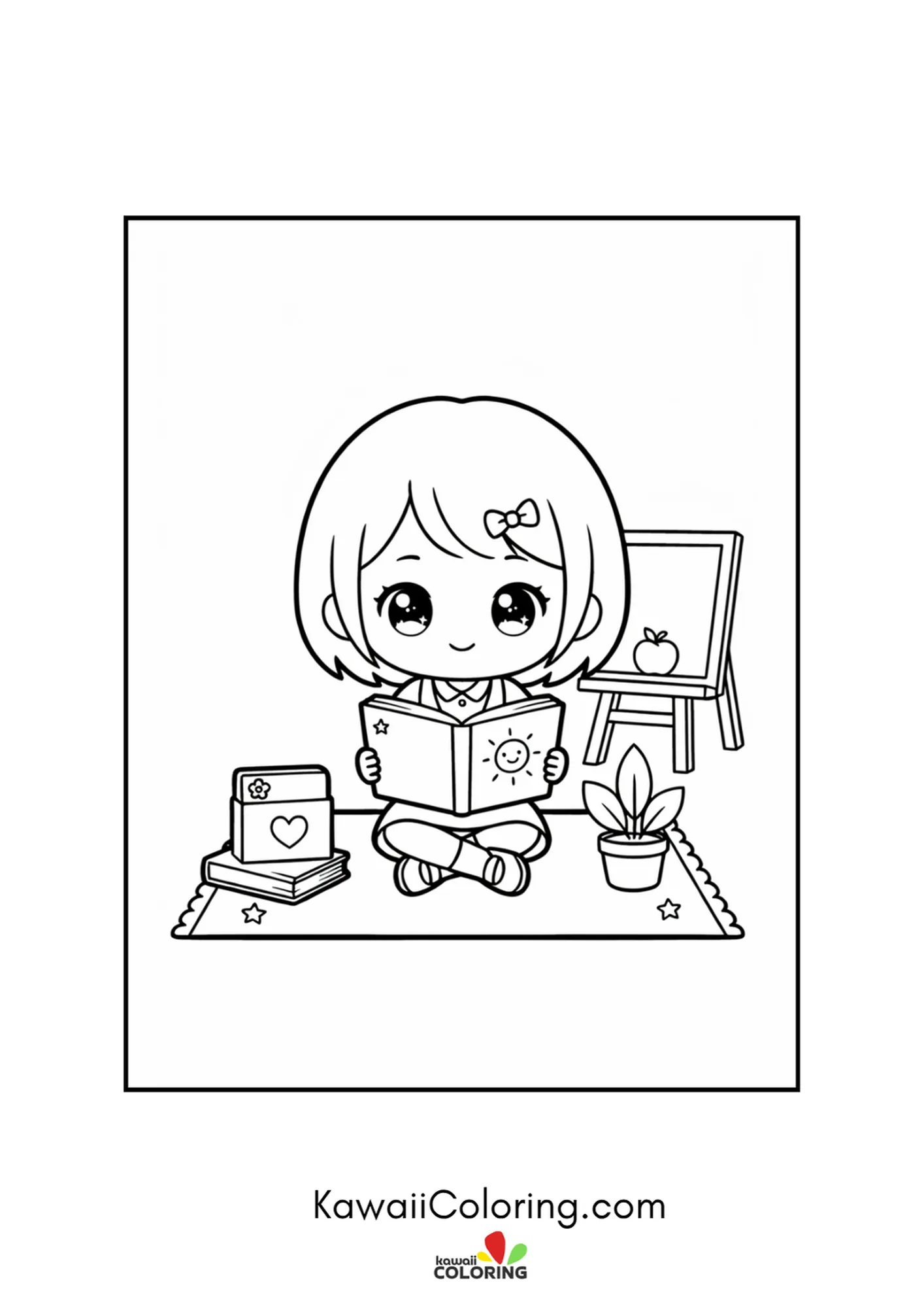 Kawaii teacher reading a sunny picture book beside a little easel coloring page