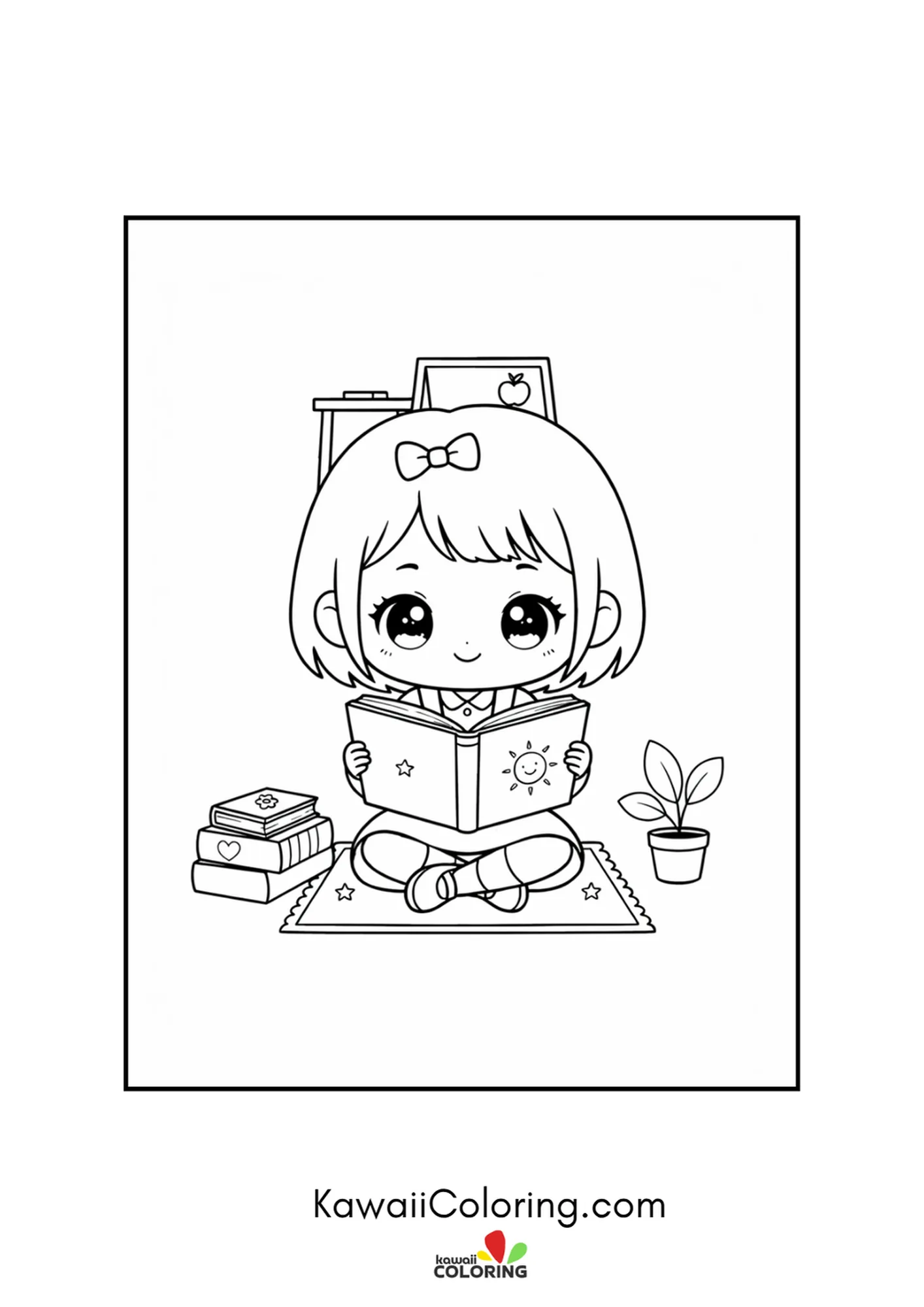 Kawaii girl with a bow reading a book with stacked books nearby coloring page