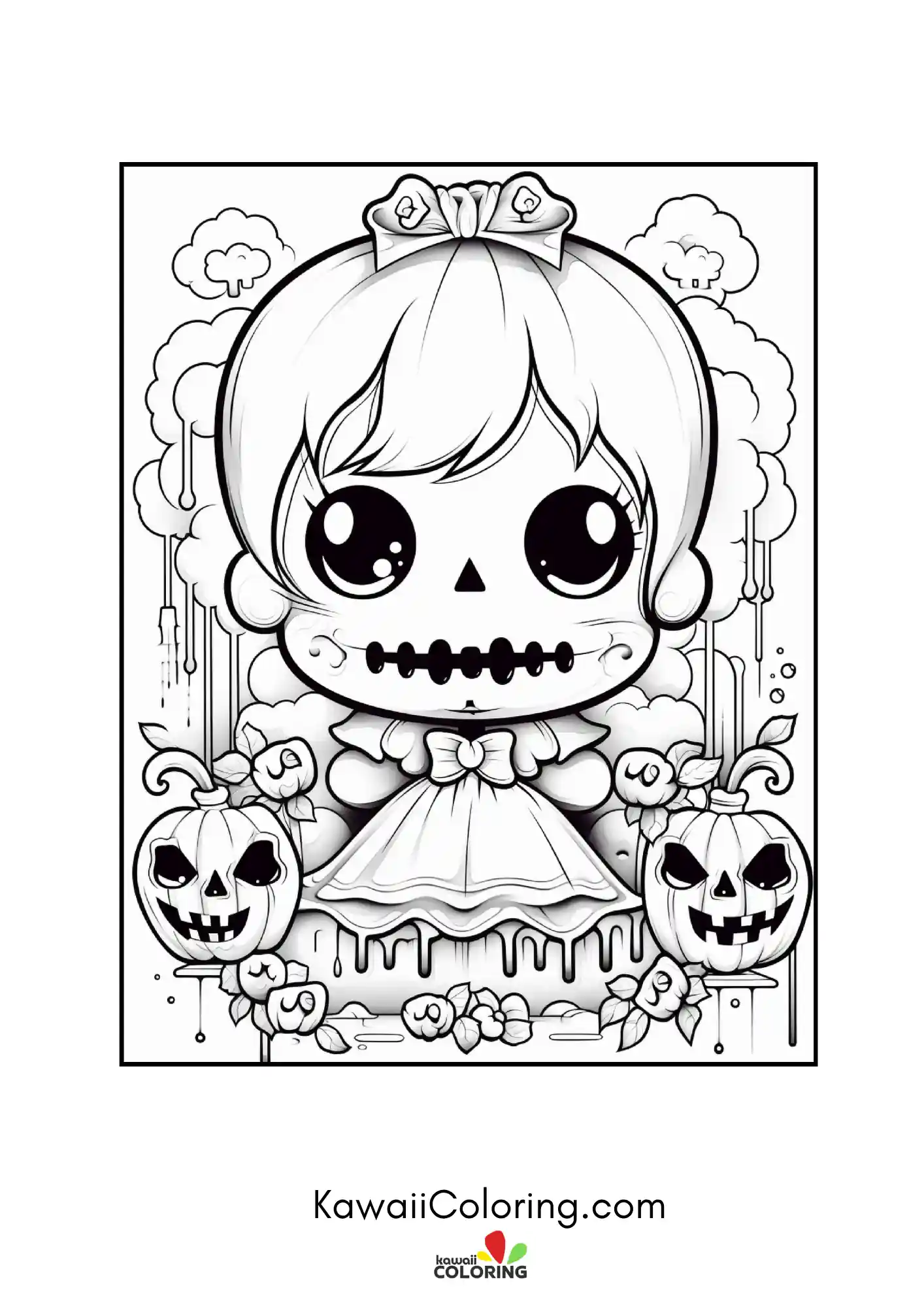 Spooky character surrounded by bats and hearts