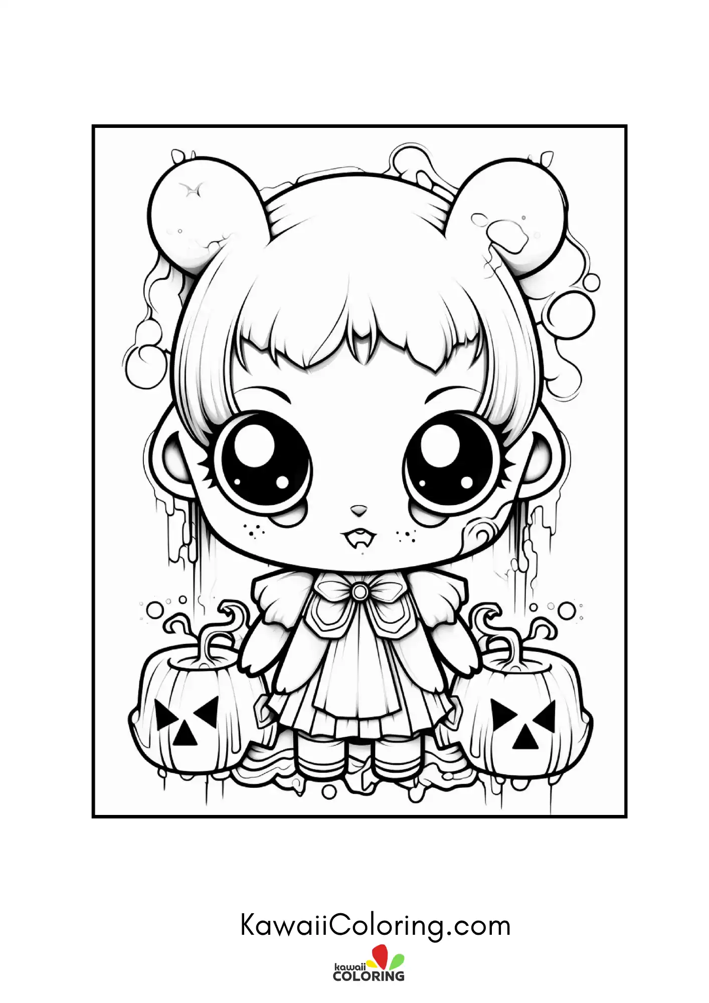 Spooky character surrounded by bats and hearts