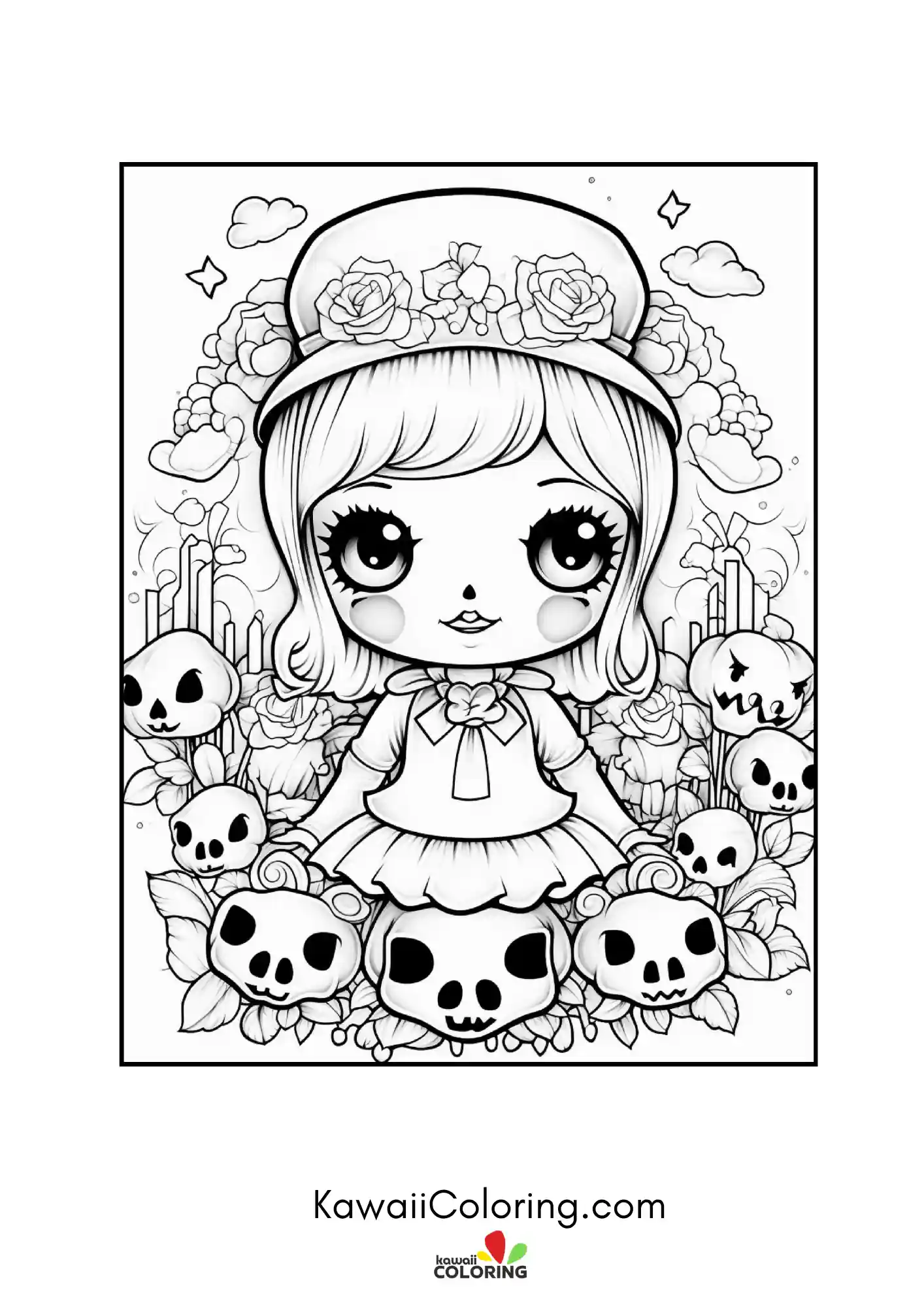 Spooky character surrounded by bats and hearts