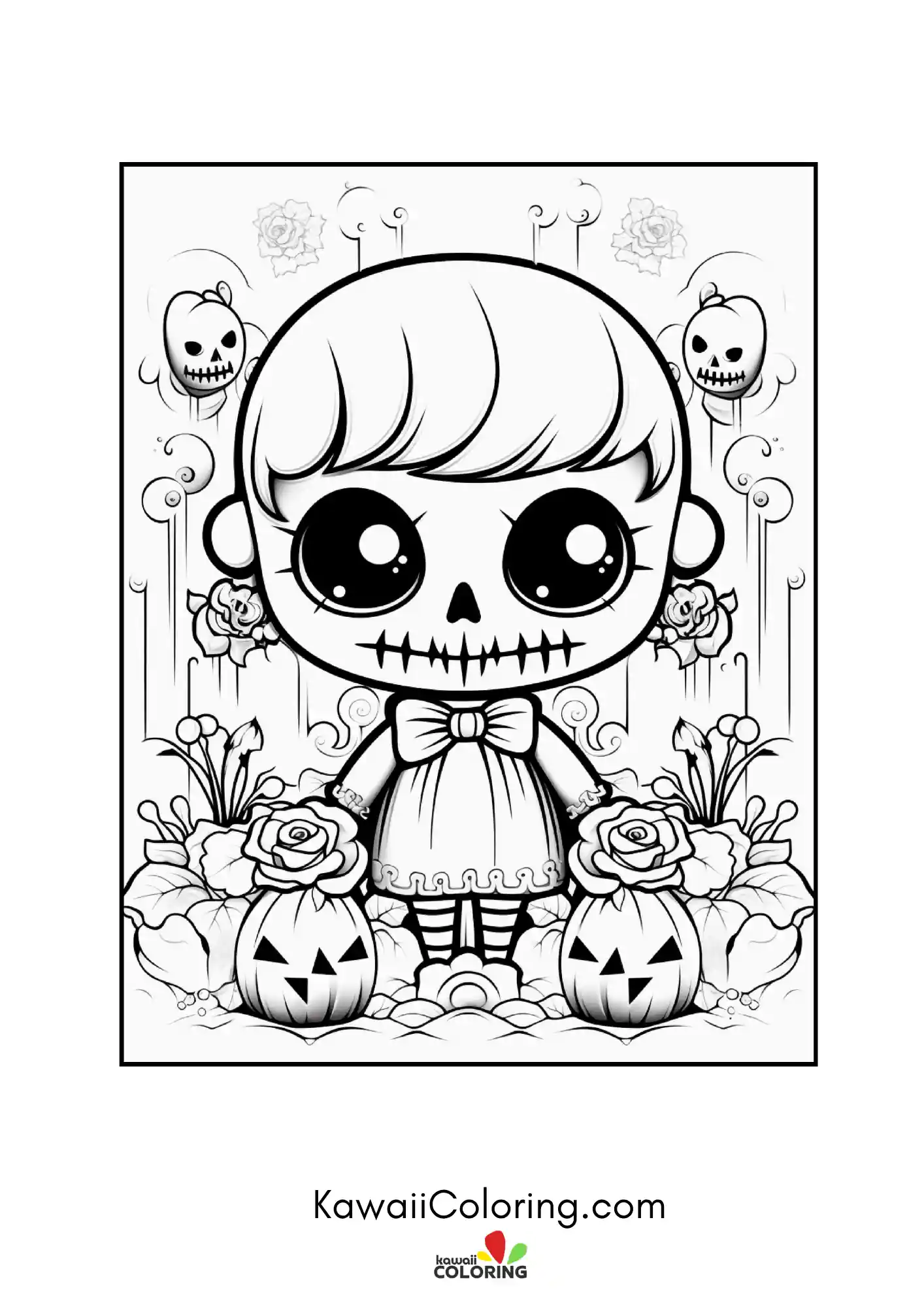 Spooky character surrounded by bats and hearts