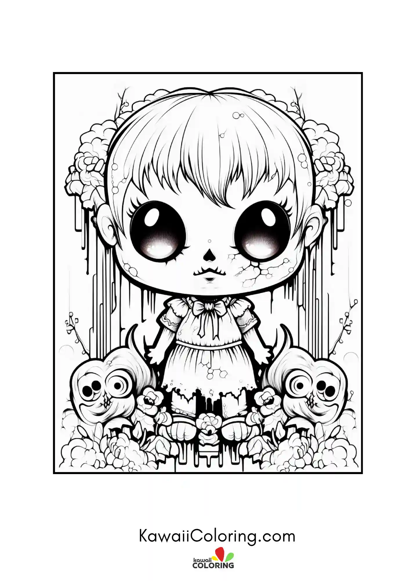 Spooky character surrounded by bats and hearts