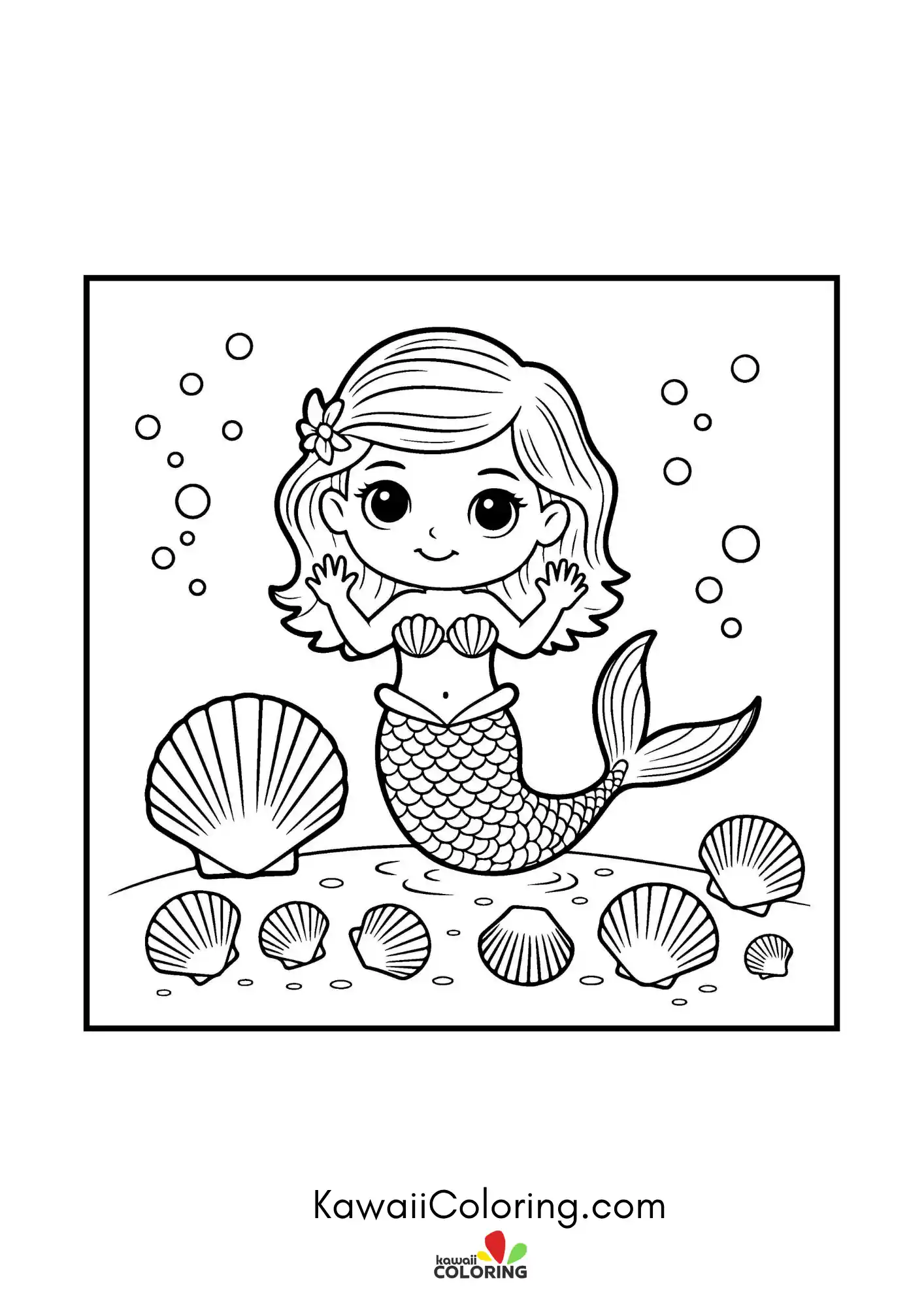 Kawaii mermaid underwater with bubbles