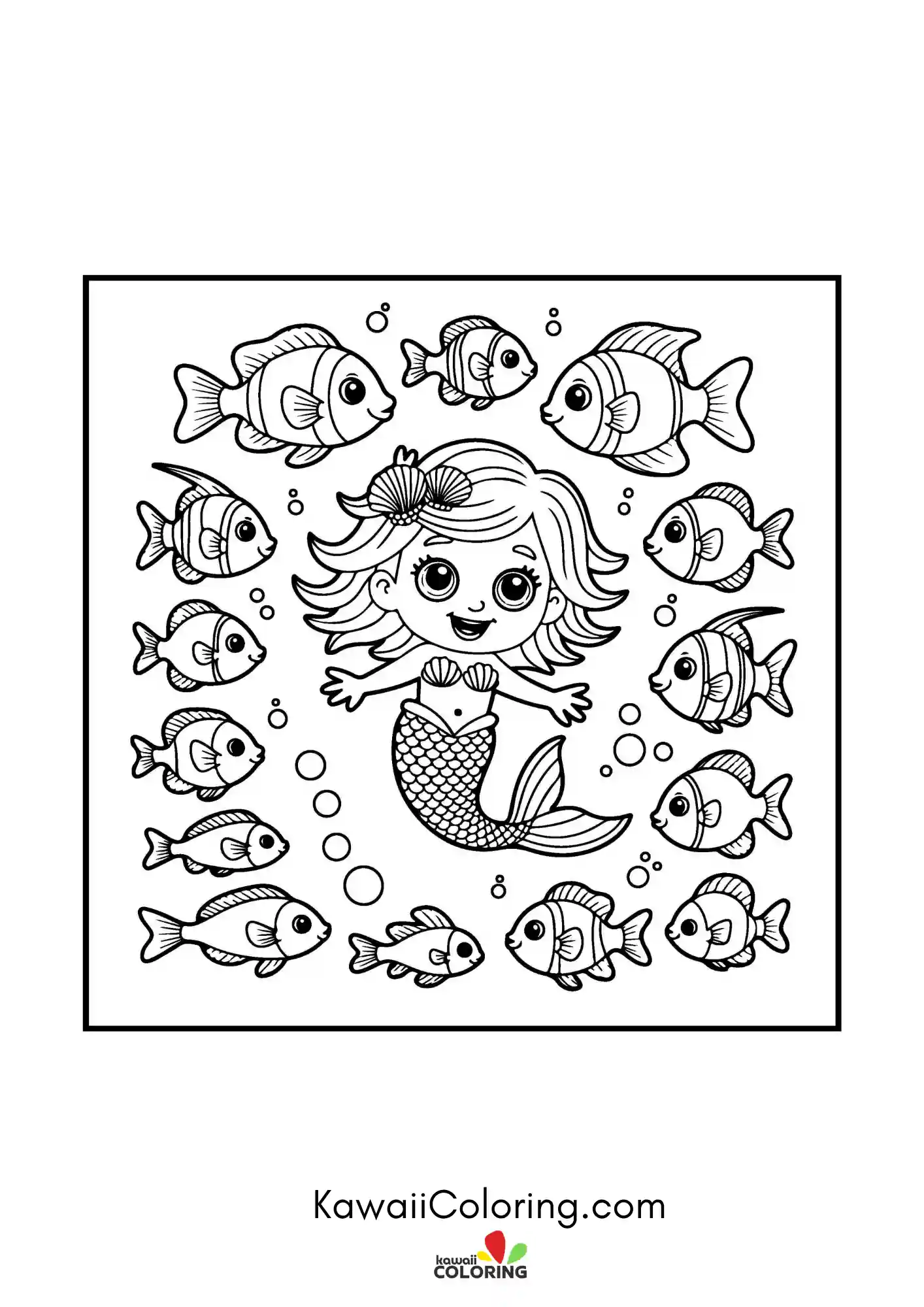 Kawaii mermaid underwater with bubbles