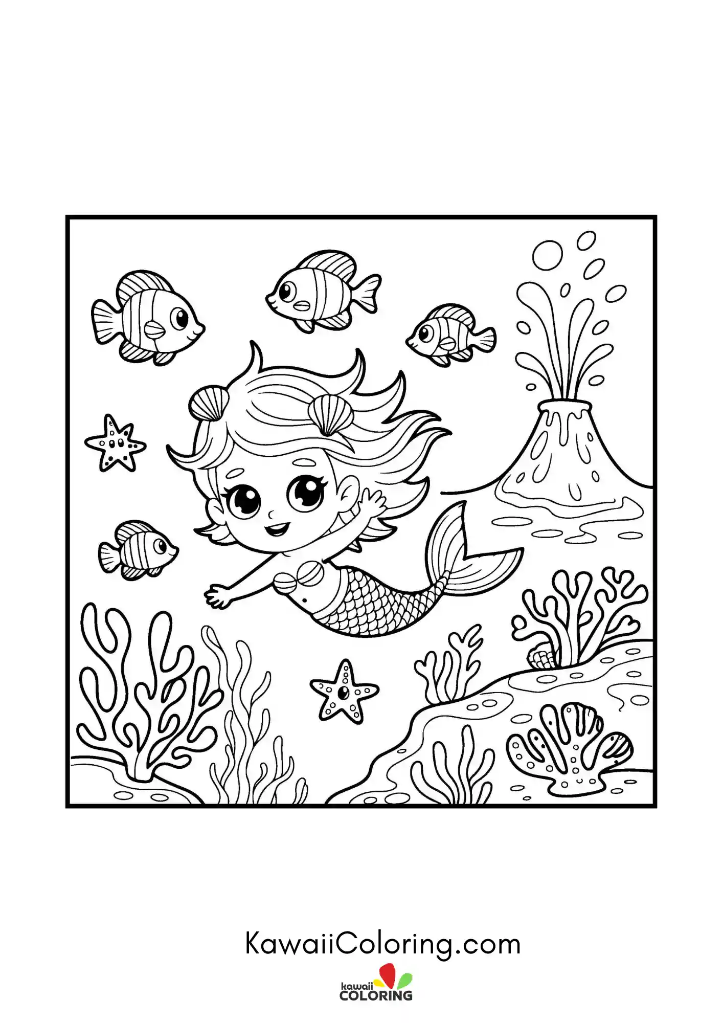 Mermaid with seashells and ocean plants
