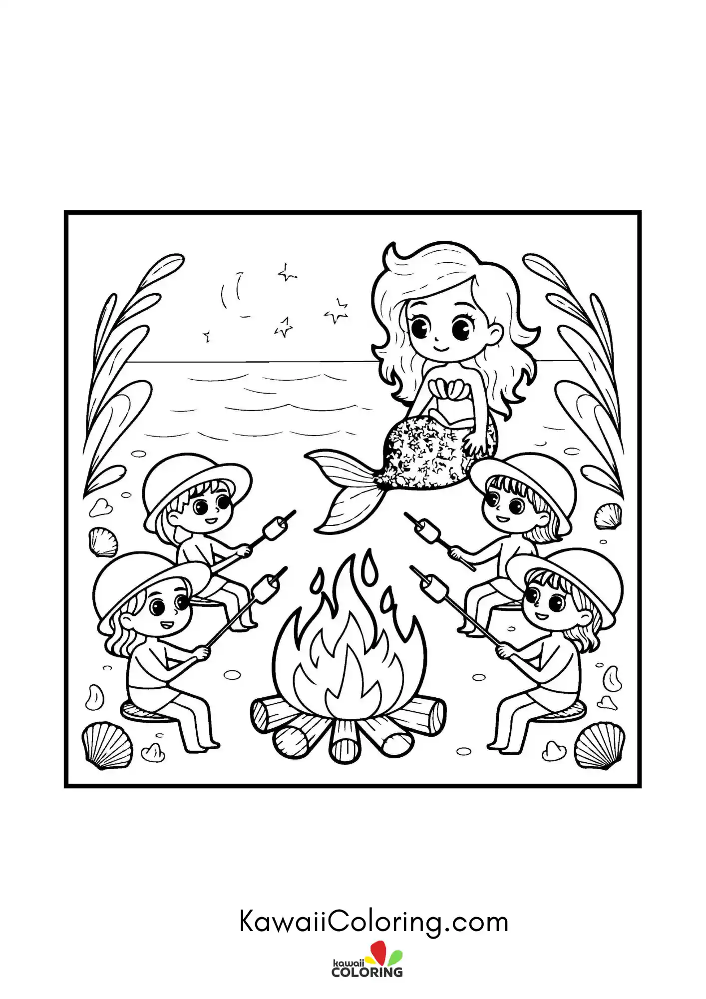 Mermaid with seashells and ocean plants