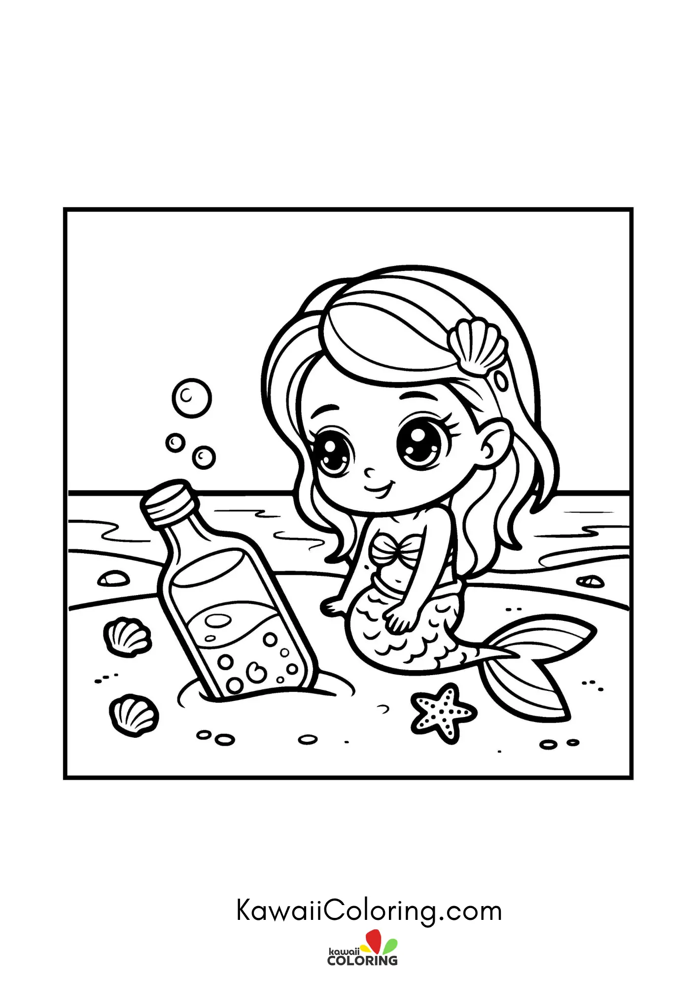 Kawaii mermaid underwater with bubbles
