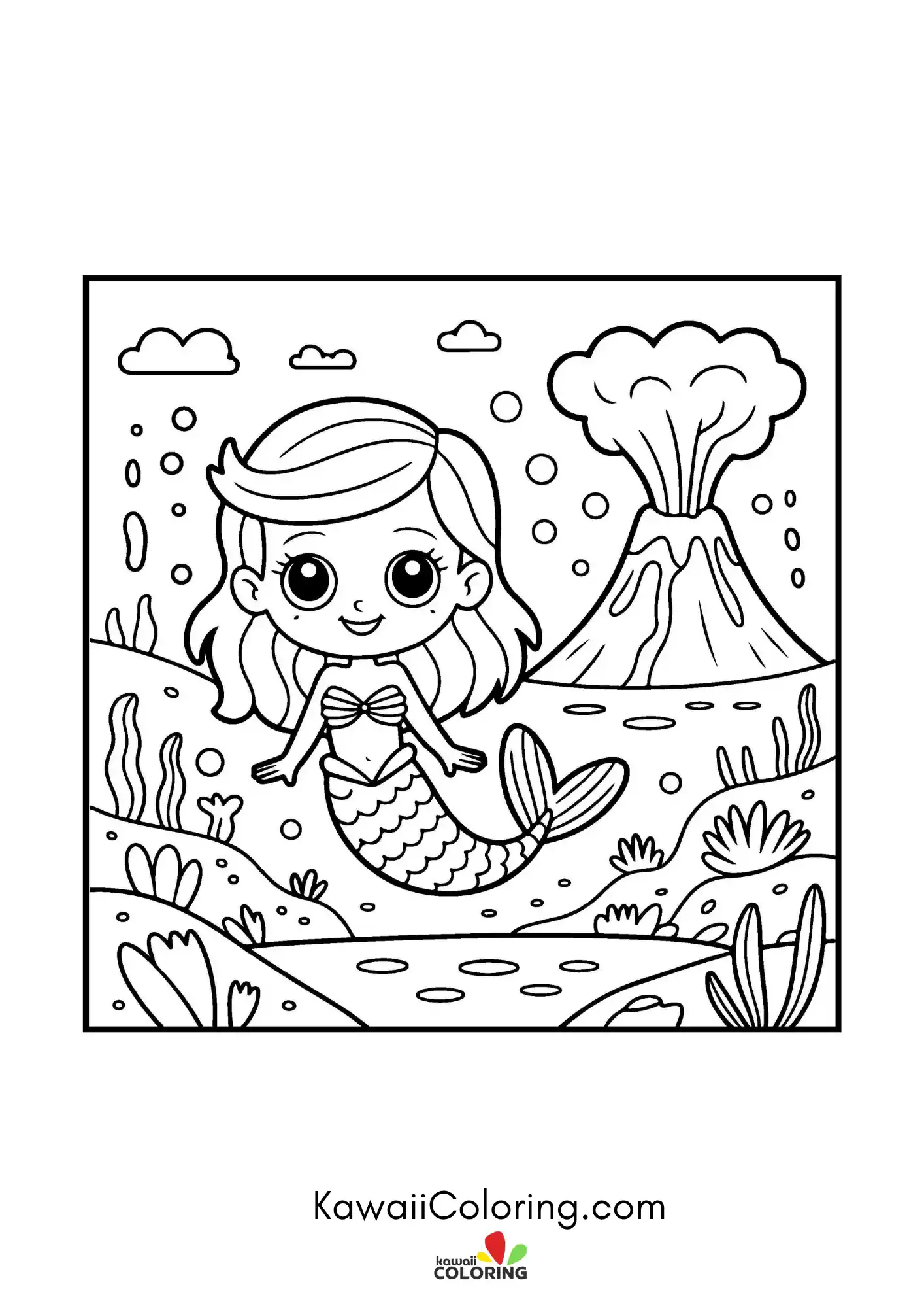 Kawaii mermaid underwater with bubbles