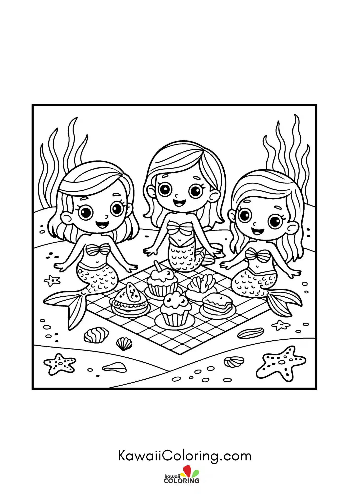 Kawaii mermaid underwater with bubbles
