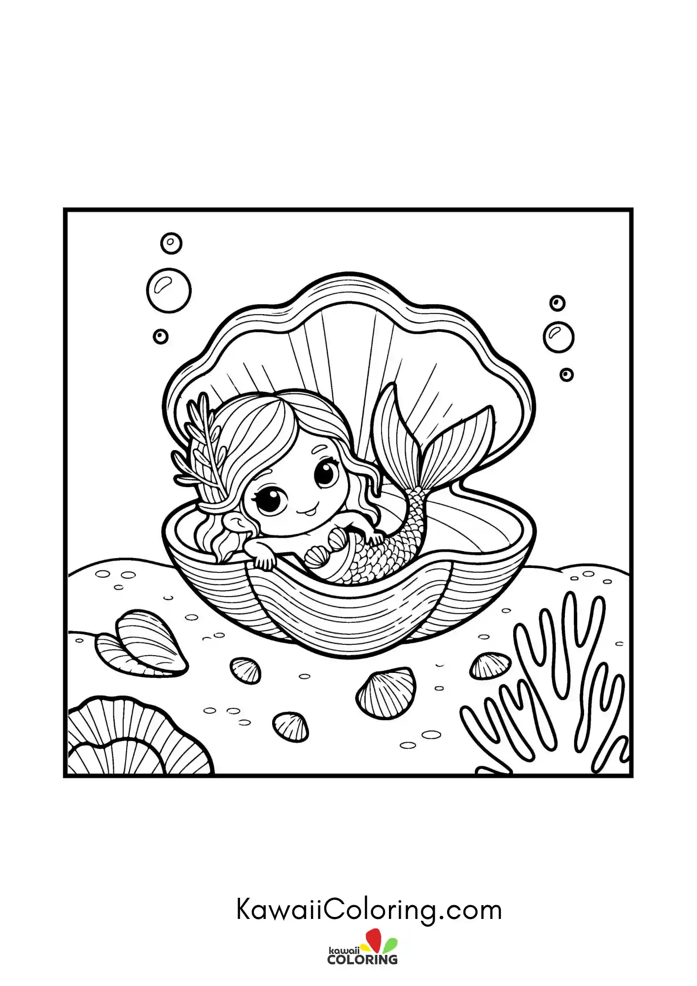 Kawaii mermaid underwater with bubbles