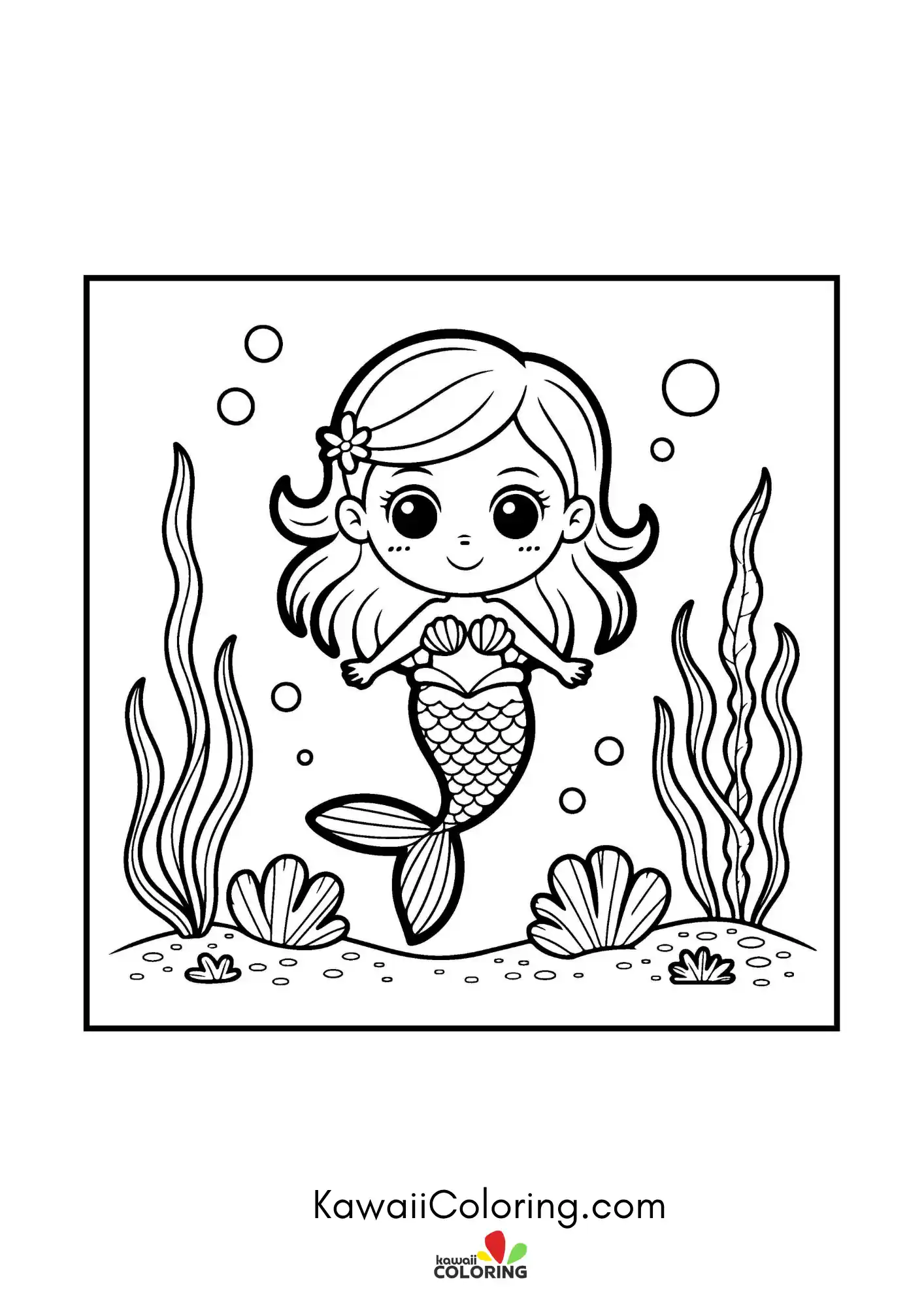 Kawaii mermaid underwater with bubbles
